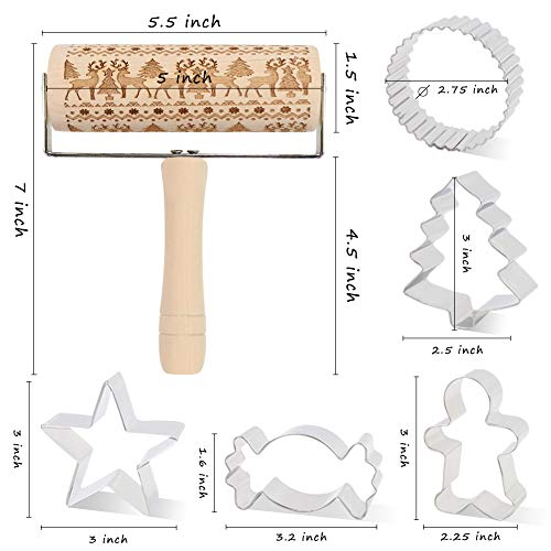 Koogel Christmas Pastry Roller with Handle, Winter Theme Roller Non-Stick Wooden Rolling Pin with Patterns Plus 5PCS Cookie Molds for Christmas Parties Family Parties Winter Theme Bakery Pastry
