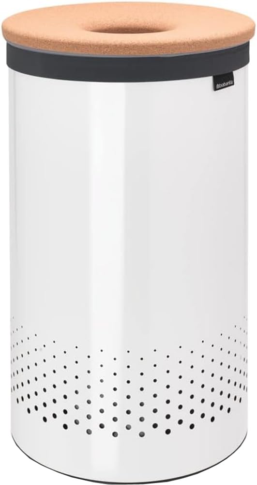 Brabantia - Laundry Bin - Cork Lid - Portable Laundry Bag Inside - Quick-drop Opening - Basket with Ventilation Holes - Non-Scratching Bottom - Corrosion Resistant - Natural Look - White - 60L โ image 1