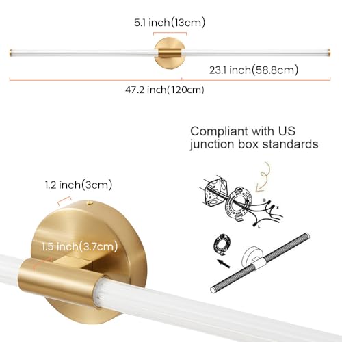 Luces de tocador de baño doradas de 47 pulgadas de largo, accesorios de iluminación para baño sobre espejo, con cableado fijo, LED regulable, iluminación completa de 360°, barra de luz de tocador