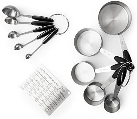 Gray Essentials - 10 Piece Stainless Steel Measuring Cups and Spoons Set with Measurement Conversion Magnet - Kitchen Utensil Set for Baking