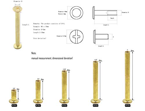 LBY 100pcs Phillips Chicago Screw Binding Screw Post M5 x 10/20/30/40/50mm Book Screws and Leather Saddles Purses Belt Repair Bookbinding Rivet Copper Plated Yellow 50-Sets