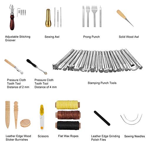JOYPEA Leather Craft Hand Tools Kit 59 Pieces for DIY Hand Sewing Leather Artwork Stitching Stamping Set and Saddle Making