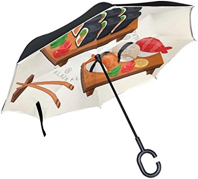 THENAHOME Reverse Inverted Auto Open Umbrella Upside Down Compact Lightweight &amp; Windproof Waterproof Straight Umbrellas with Japan Sushi for Car &amp; Outdoor