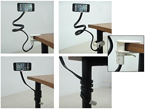 (White) Universal Flexible Long Phone Camera Holder Clip Stand Shape-able Selfie Stick, Table, Chair, Desk Clamp Mount, Neck for All Mobile Phones and Cameras Less Than 85mm Wide. Stocking Stuffer!