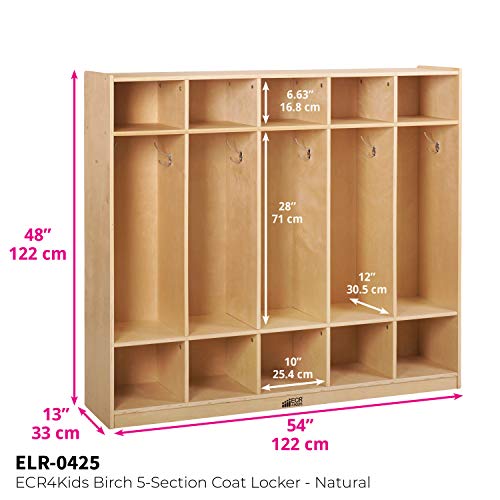 ECR4Kids Birch School Coat Locker for Toddlers and Kids, 5-Section, Natural