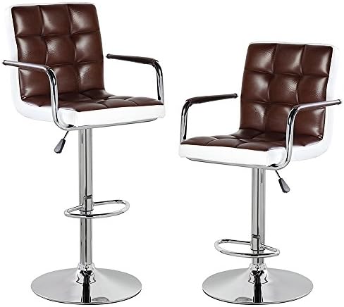 Modern Contemporary Leather Swivel Adjustable Height Bar Stools with Backs and Arms Set of 2 Brown White