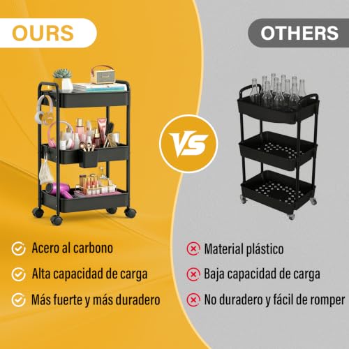 KIROGILY Carrito Organizador 3 Niveles, Carrito Organizador con Ruedas de Metal, Carritos Auxiliar con 4 Ganchos y 3 Cajas, Carritos de Servicio para Cocina Baño Estética (Negro)