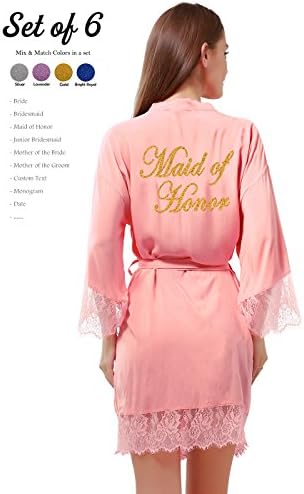 GoldOath Set of 6 Women's Cotton Kimono Robes for Wedding Party Gifts for Bride and Bridesmaid with Lace Trim