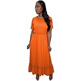 TOPSRANI Maxi Dresses for Women Short Sleeve Crewneck Casual Loose Smocked Ruffle Flowy Summer Sundresses with Pockets