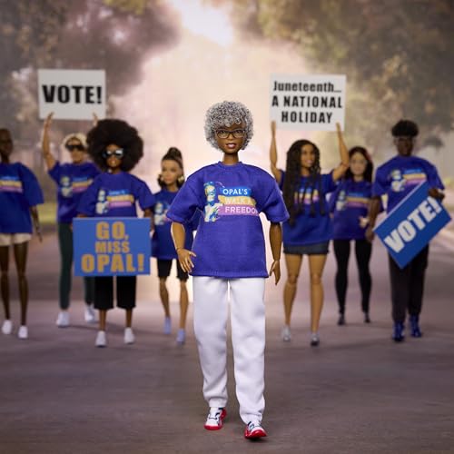 Barbie Inspiring Women Opal Lee Doll, Collectible with Blue "Opal's Walk For Freedom" T-Shirt, White Pants and Glasses, Doll Stand and Display Packaging, JJX60