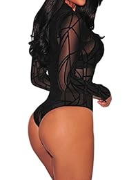 BarbedRose - Body de manga larga de terciopelo geométrico con malla transparente para mujer