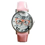 Wensltd Unisex Scholar Cat Pattern Leather Band Analog Quartz Dial Wrist Watch (C)