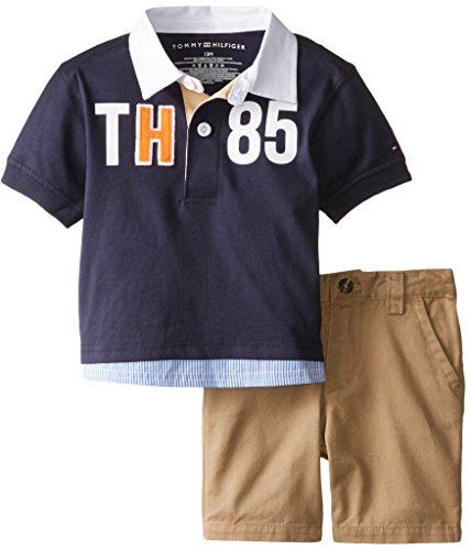Tommy Hilfiger Baby Boys  Short Sleeve Rugby Polo with Flat Front Short, Swim Navy, 12 Months