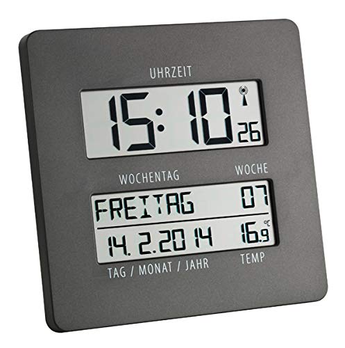 TFA Dostmann 60.4509 "time line" radio wall clock with temperature and day display, grey — image 1