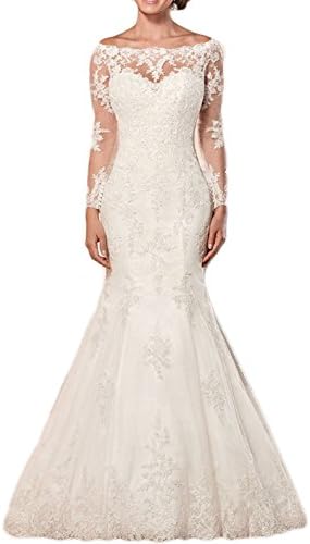 Wendybridal Women's Off Shoulder Lace Mermaid Wedding Bridal Dresses Long Sleeve