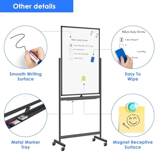 60x100Cm Magnetic Mobile White Board, Double Sided Dry Erase Board Rolling Whiteboard, Standing Whiteboard on Wheels for Home Office Classroom & Home, Black