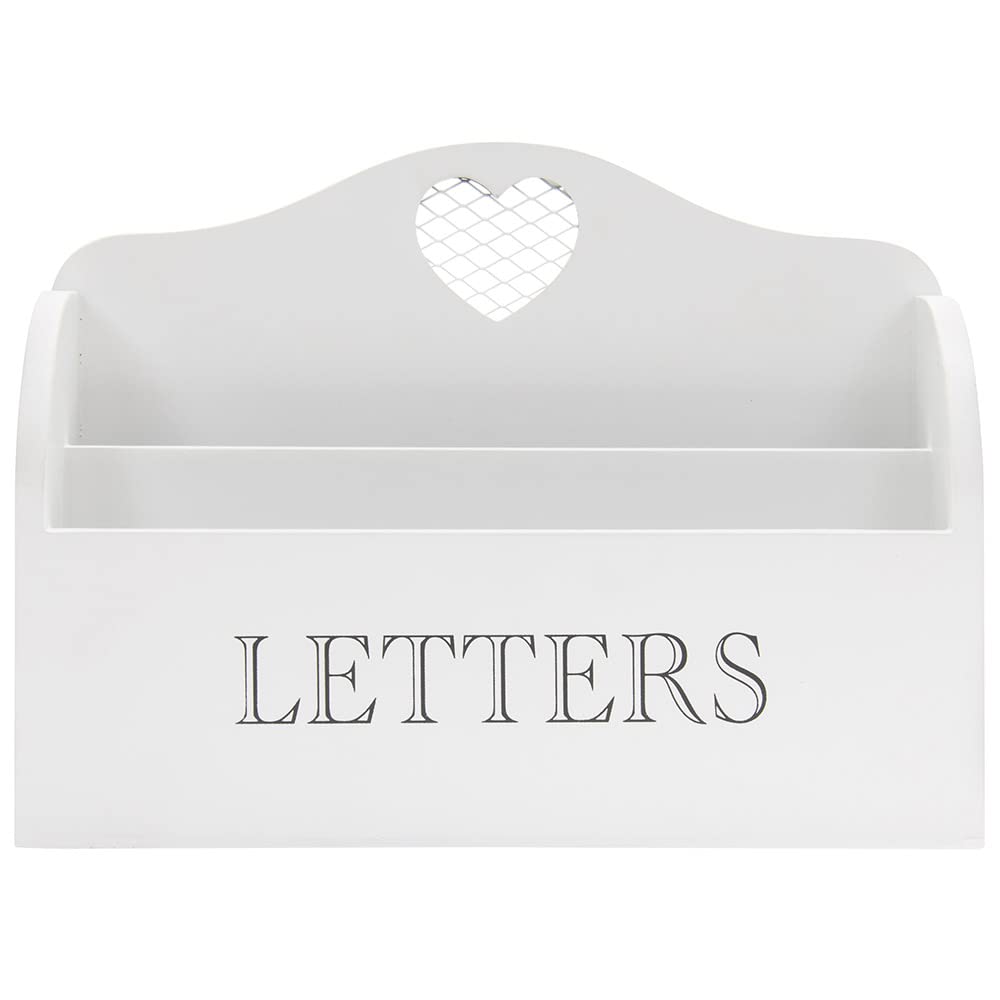 Rustic White Letter Rack With Contrasting Grey Letters Wording and Cutout Heart Detail, Twin Compartment Decorative Mail Organiser (White)