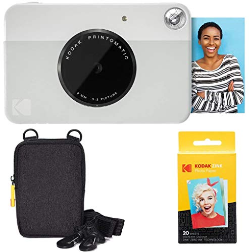 KODAK Printomatic Sofortbildkamera (Grau) Basis-Paket + Zinkpapier (20 Blätter) Etui + Bequemer Halsriemen