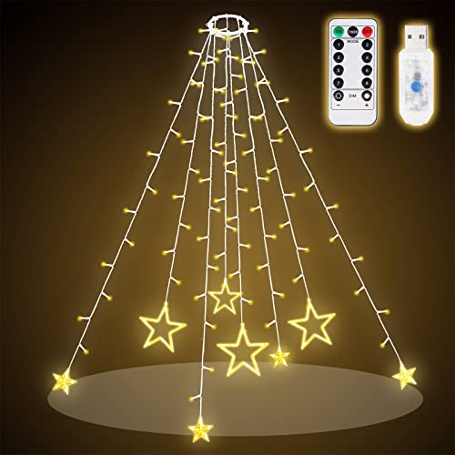 SALCAR 1,5m Christbaumbeleuchtung mit Ring, Sterne Lichterkette Weihnachtsbaum mit Fernbedienung und 9 Modi, Tannenbaum Überwurflichterkette, Warmweiß LED