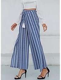 Pantalones de algodón para dama, diseño de rayas, cintura alta, pierna ancha