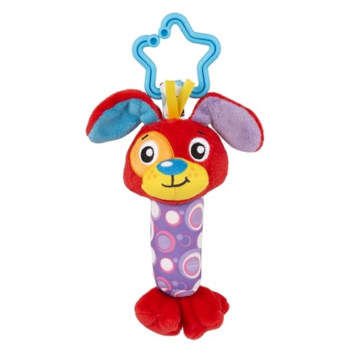 Playgro Clipsy Penny Puppy Sensorischer Hund mit Glocke, Kinderwagen-Clip, weiche Texturen und lebendige Farben, für Neugeborene