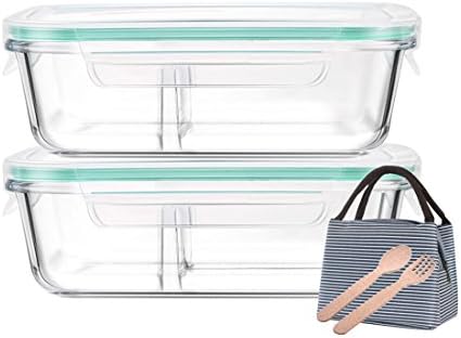 Levoberg 2 Piece Glass Food Box with Insulated Lunch Bag & Cutlery Container Lunch Glass 18 * 13.5 * 6 cm, green, 18*13.5*6cm