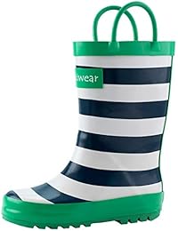 OAKI Kids Rain Boots with Handles, Blue, White & Green Stripes, 13T US Toddler