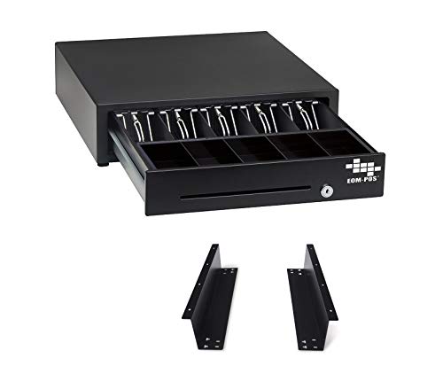 EOM-POS Cash Register Money Drawer + Mounting Brackets for Under Counter Installation. Built in Cable to Connect to Printer. Compatible with Square Stand [Receipt Printer Required](Printer Driven)
