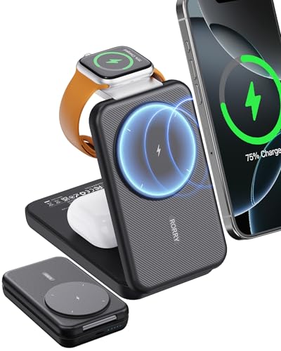 RORRY Portable Charger, 3-in-1 Charging Station 10000mAh Portable Charger Power Bank for MagSafe Foldable Battery Pack Travel for iPhone 17/16/15, for Apple Watch 10/9/8/Ultra/2, Dark Black