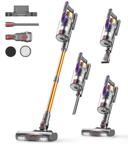 Staubsauger Kabellos 50KPA/600W/75Mins, 1.8L Akku Staubsauger mit LED-Display&Anti-Tangle-Bürste, Selbststehend, Ultraleise Cordless Vacuum Cleaner, f