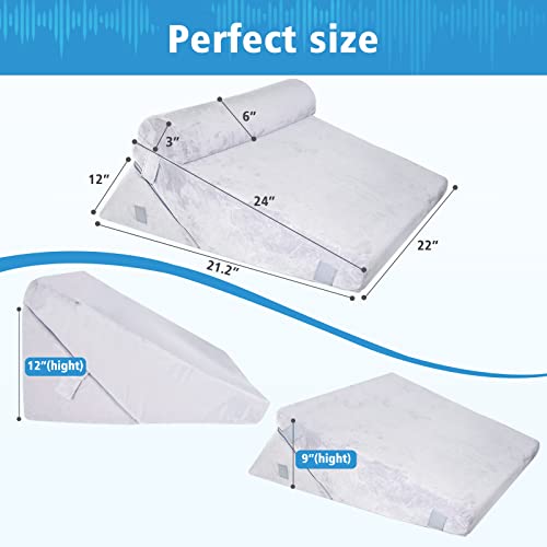3PCS Bed Wedge Pillow, Memory Foam Top Adjustable 9 & 12” Folding Incline Cushion, Elevated Wedge Pillow for Back and Leg | Acid Reflux, Anti Snoring, Post Surgery, Sleeping - Machine Washable Cover