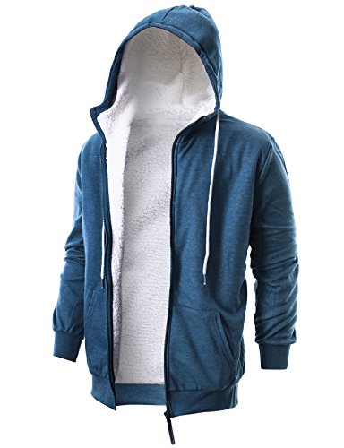 Ohoo Mens Slim Fit Long Sleeve Thermal Faux Fur Zip-up Hoodie With Kanga Pocket/DCF009-BLUE-M 