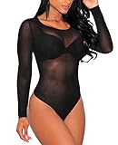 J&Design Women Black Sheer Mesh Long Sleeve O Neck Jumpsuit Bodysuits S