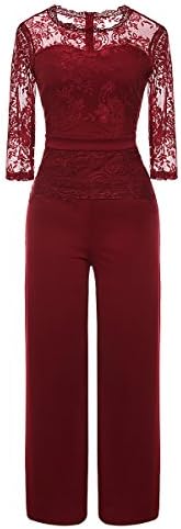 Mystry Zone Womens Casual High Waist Lace Round Neck Half Sleeve Pant Jumpsuit Rompers Red Large
