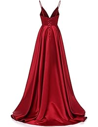 Ri Yun Mujer Spaghetti Correa V Cuello Vestidos de baile Largo 2019 Satén Una Línea Vestido Formal de Noche con Bolsillos