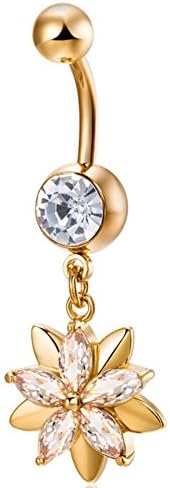 14g 3/8'' Stainless Steel Navel Belly Rings with 15mm CZ Flower Dangle (Clear)