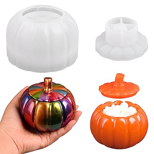 HUAKENER Resin Jar Mold, Pumpkin Resin Jar Mold with Lid, Epoxy Molds Silicone for DIY Jewelry Storage Box,Candle Holder,Candy Container, Resin Casting Craft, Halloween Decor