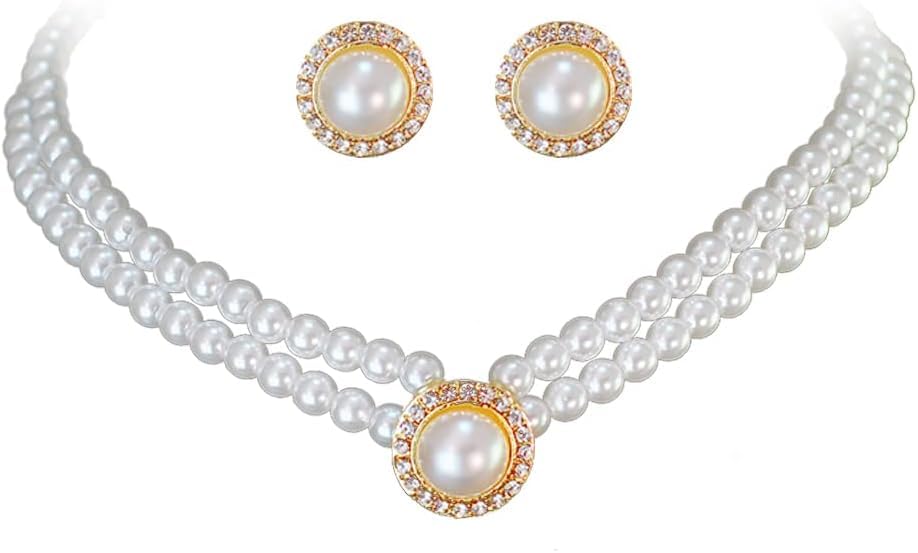 TOFBS Pearl Necklace Earrings Jewellery Set for Women Girls Bridal Jewelry Set Pearl Choker Set Weddings Party Birthday Anniversary Christmas Mothers Day Valentine's Day Gifts (#3)