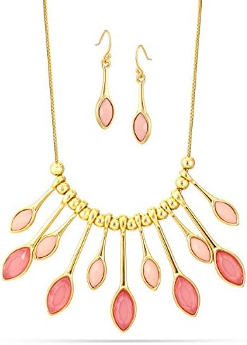 Jewelry11 Gold-Tone Metal Pink Faceted Earrings And Adjustable Lobster Claw Closures Neckaces Gift for Her