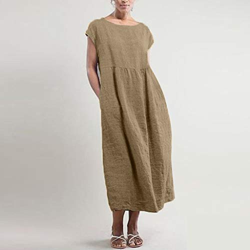 Women's Cotton Linen Dresses Short Sleeve Baggy Loose Summer Clothing Hi-Low Maxi Sundress Caftan Pockets (XL, Brown)
