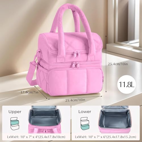 Insulated Lunch Bag for Men Women Kids, Large Reusable Double Layer Lunchbox Cooler Bag with Adjustable Strap, Leakproof Thermal Food Storage Tote for Work, School, Picnic, Travel - Pink