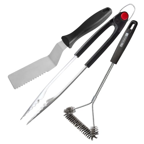 FMprofessional Set di utensili per barbecue e grigliate, pinza con blocco, paletta seghettata e spazzola a Y per pulire, utensili per BBQ resistenti alle alte temperature, lavabili in lavastoviglie