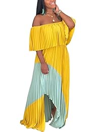 Geulis - Vestido largo de gasa para mujer, con hombros descubiertos, plisado, para la playa