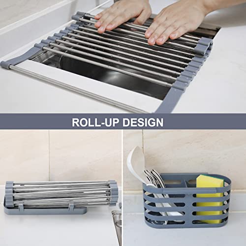 Expandable Roll up Dish Drying Rack - Over The Sink Drying Rack with 2 Utensil Racks, Multipurpose SUS304 Stainless Steel Roll up Sink Rack, for Cups Fruits Vegetables Tableware. Dishwasher Safe