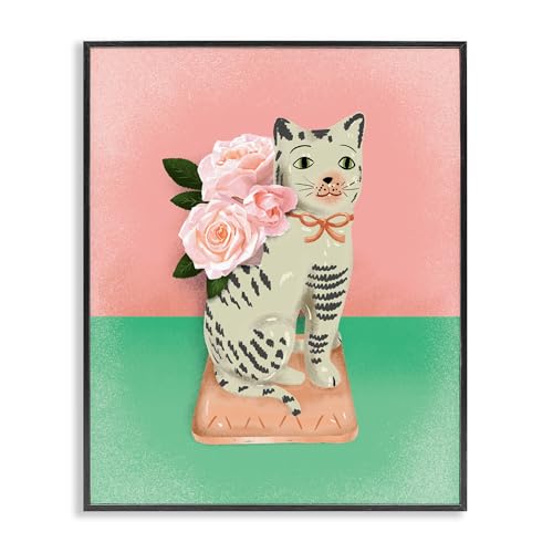 Stupell Industries Vintage Cat Sculpture Pink & Green Black Framed Giclee Art d…