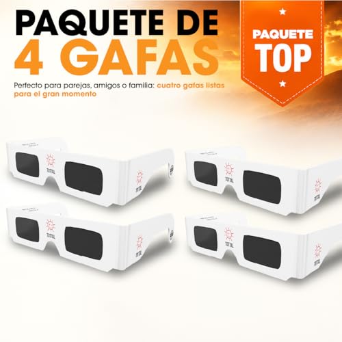Tottal Gafas Eclipse Solar Homologadas ISO 12312-2 Agosto 2026 Gafas Protección Certificadas CE + Filtro Seguro UV/IR Ligeras + Cómodas + Fácil de Usar Glasses