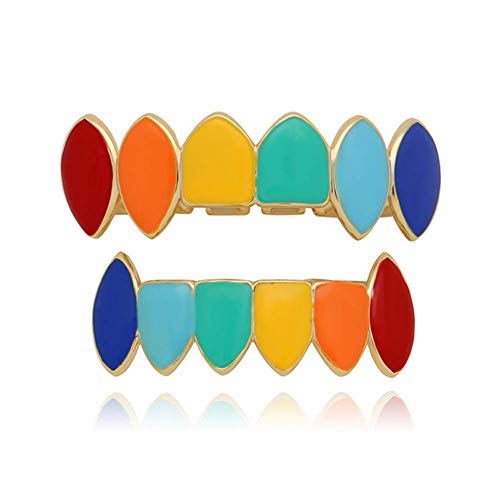 Rainbow Hip Hop Dental Braces-Top & Bottom Tooth Grill Set Gold Silver Plated (gold top and bottom full set)