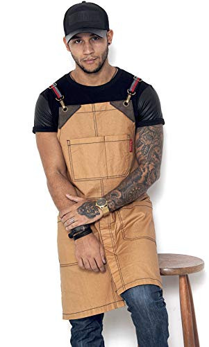 Under NY Sky Cross-Back Camel Beige Apron - Coated Twill with Leather Reinforcement, and Split-Leg - Adjustable for Men and Women - Pro Barber, Tattoo, Stylist, Barista, Bartender, Server Aprons