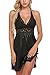 ADOME Women Lingerie Lace Babydoll Chemises V Neck Nightwear Satin Sleepwear Slips Black L