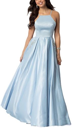 Nicefashion Women's 2018 Sleeveless A Line Long Pleated Satin Prom Dress With Rhinestone Pocket Light Blue US18W